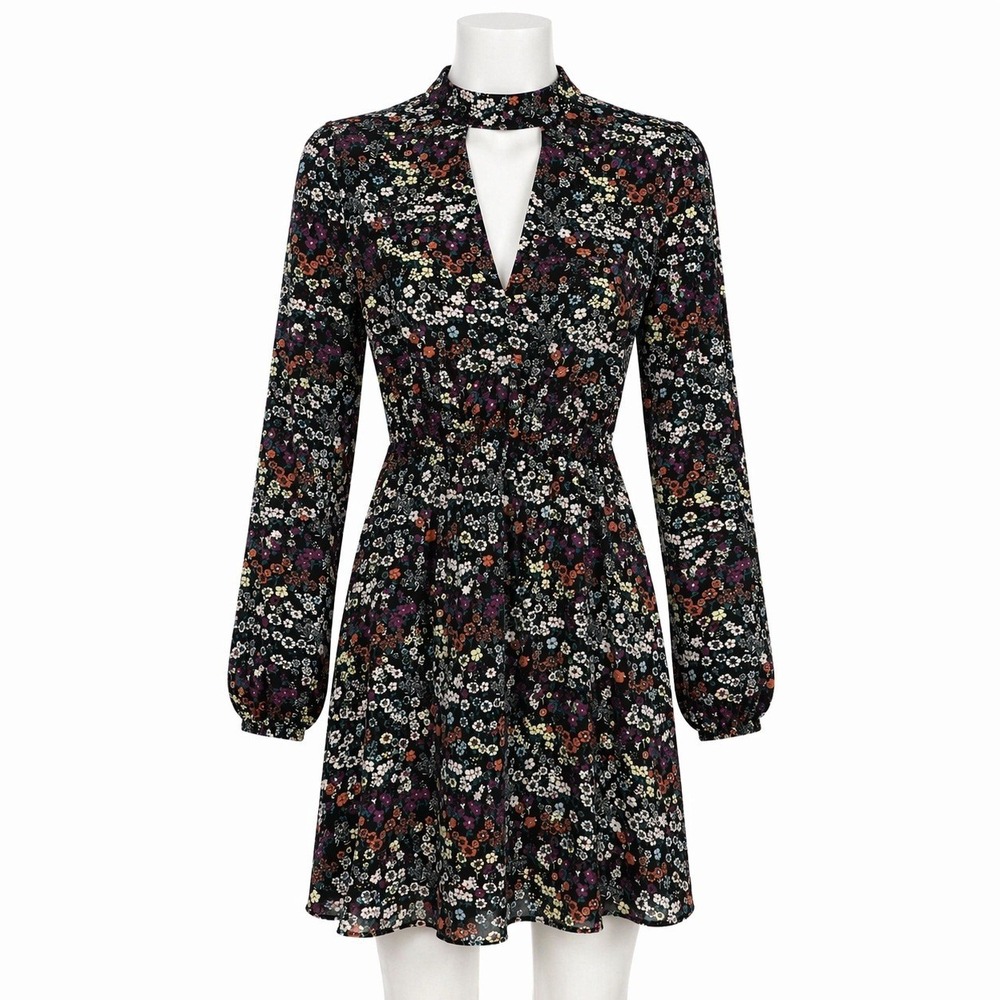 Dark Fairy Floral‎ Mini Dress Sz 4 Long Sleeve Choker Neckline Cottagecore